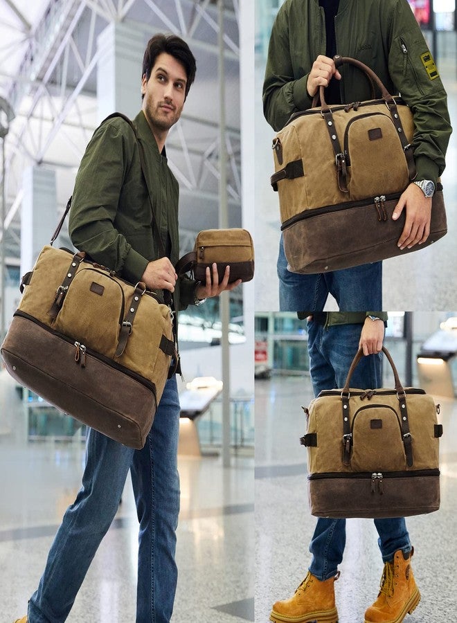 NerIion Nerlion Weekender Bag with Shoe Compartment Large Overnight Bag for Men Canvas Genuine Leather Carry on Luggage Bag Travel Duffel Bag(Brown) - Image 2